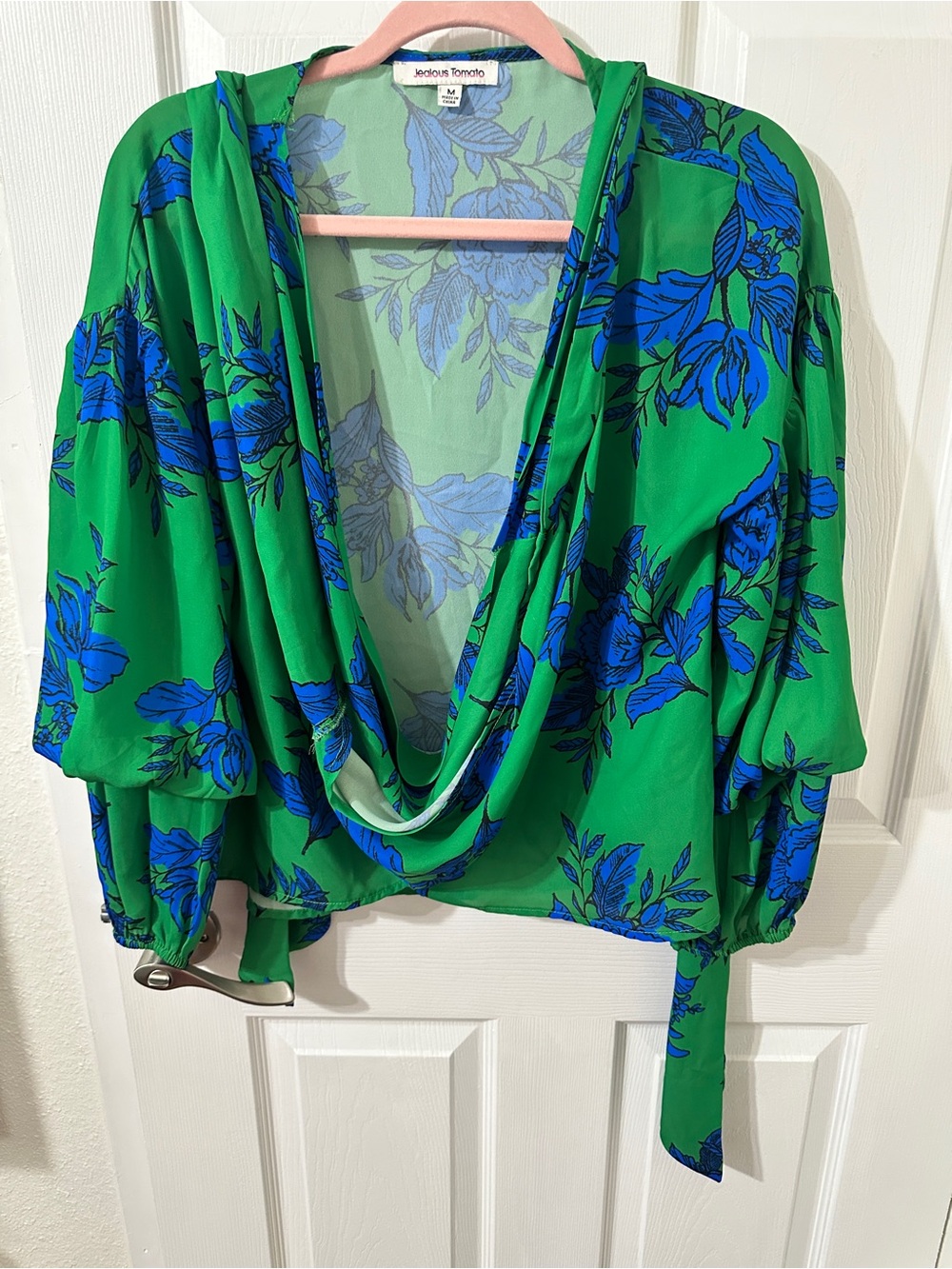 Jealous Tomato Green Blouse with Bold Blue Floral Print